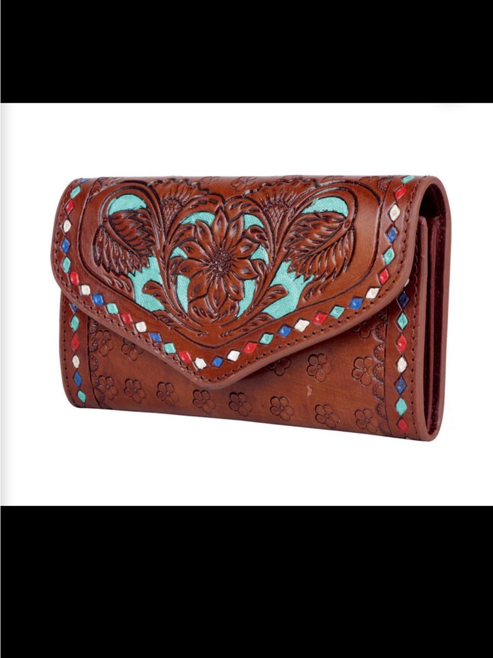 Myra Bag-Hand Tooled Brown Wallet with Turquoise and Multicolor Accents